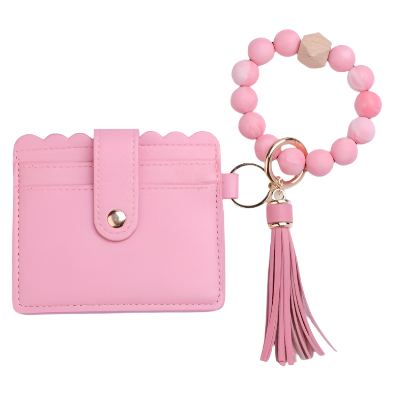 Hemasa Silicone Beaded Bracelet Wristlet Keychain With PU Leather Wallet Card Holder  /Bag Charm/ Phone Lanyard