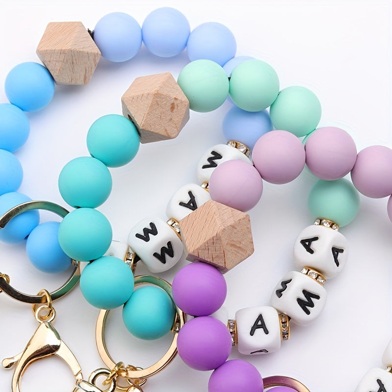 Hemasa MAMA Silicone Beaded Bracelet Keychain Tassel Key Ring/ Purse Bag/ Backpack Car Charm