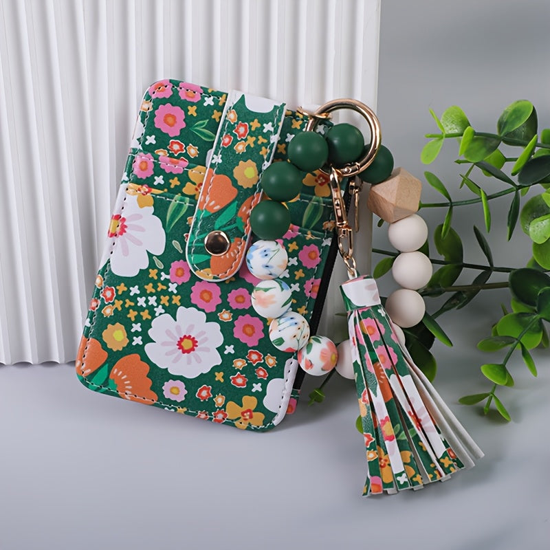 Chic Floral Print Faux Leather Wallet with Beaded Wristlet & Tassel Keychain - Silicone Bracelet Card Holder, Perfect Gift for Women