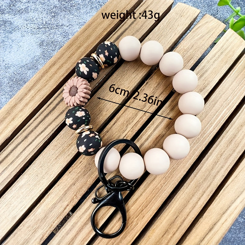 Bohemian Style Silicone Beaded Keychain with Floral and Daisy Prints - Plant Themed Key Ring with Lobster Clasp - Decorative Ladies Wristlet Key Holder for Halloween - Single Piece Gift for Mom & Teacher