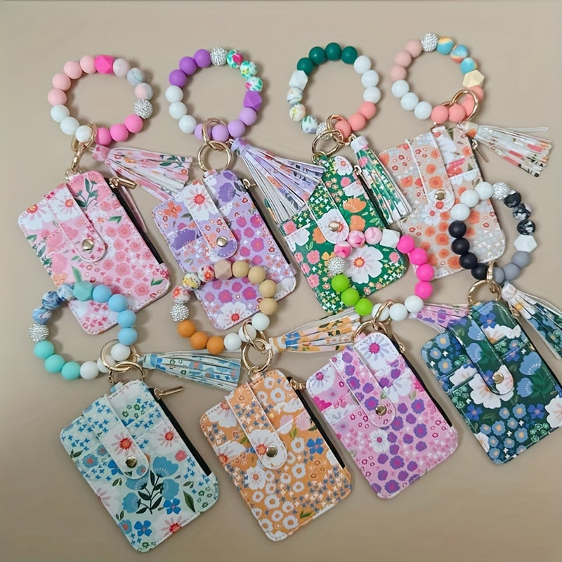 Bohemian Leather Key Chain, Floral Fringe Card Bag Anti-loss Key Chain Pendant, For Mother's Day Christmas Halloween Various Holiday