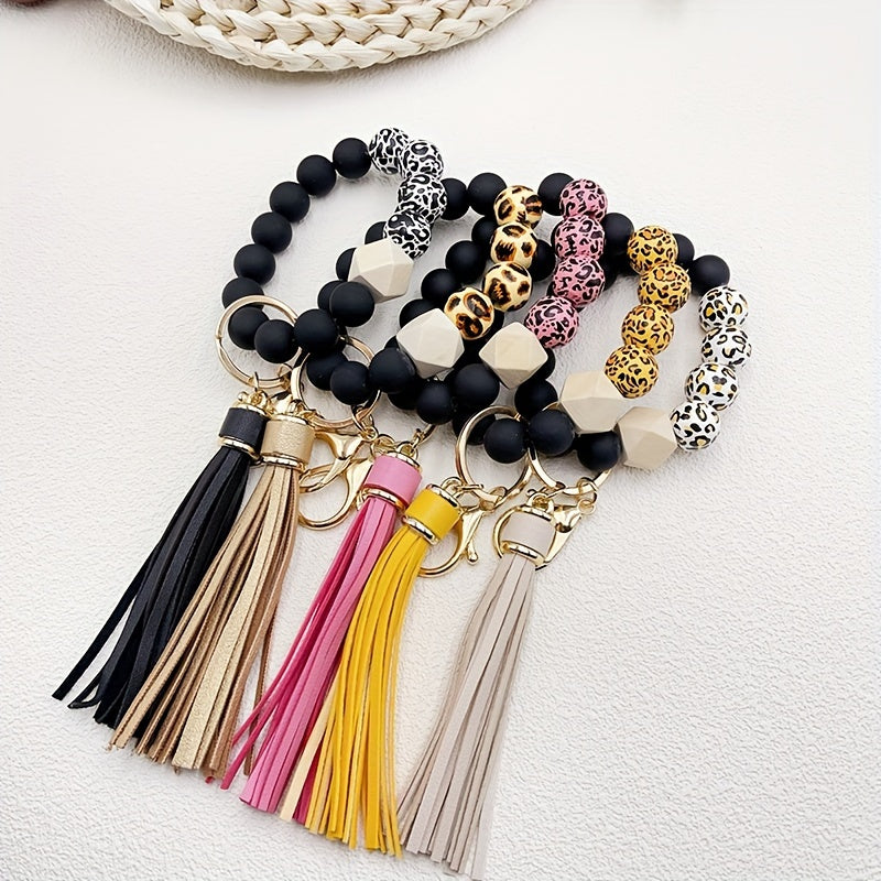 Hemasa Leopard Silicone Wooden Beaded Wristlet Keychain With PU Leather Tassel /Phone Lanyard Bangle Keychain