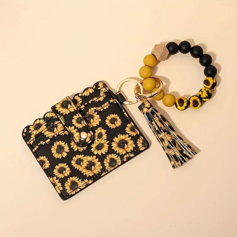 Sunflower PU Tassel Keychain Card Holder Silicone Beaded Bracelet Key Ring - Perfect Gift for Birthdays and Holidays.