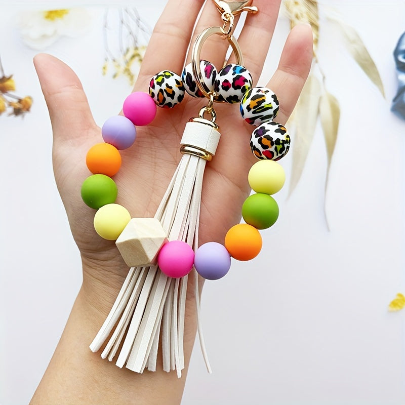 Festive Leopard Print Beaded Bracelet Keychain with Tassel - PU Leather and Silicone Material - Perfect for Halloween - Women's Fashion Accessory