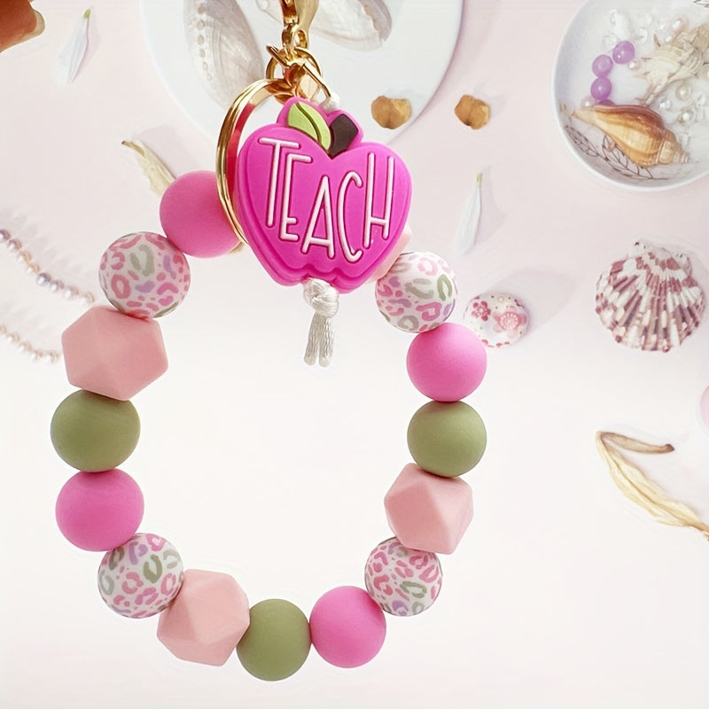 1pc Silicone Bead Keychain With Leopard Print & Pink Apple "TEACH", Cute Fresh Colorful Key Ring, Anti-Lost Bag & Car Key Charm, Perfect For Female Teachers