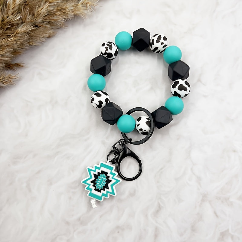 Silicone Bead Keychain, Western Cow Print, Cross & Geometric Charms, Unisex, Gift For Friends & Parents, Trendy Accessory