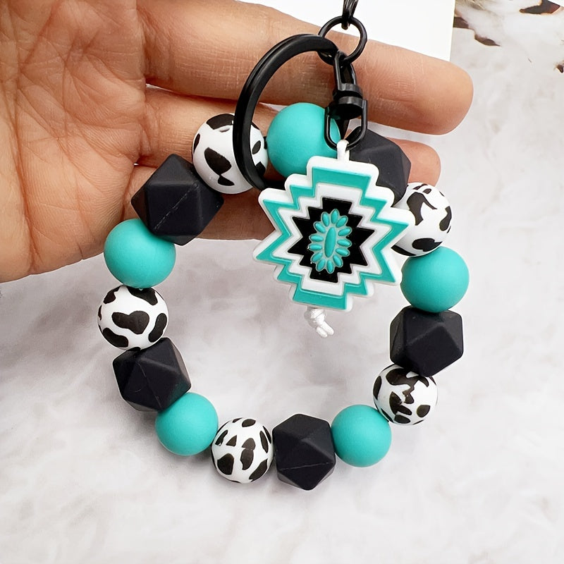 Silicone Bead Keychain, Western Cow Print, Cross & Geometric Charms, Unisex, Gift For Friends & Parents, Trendy Accessory