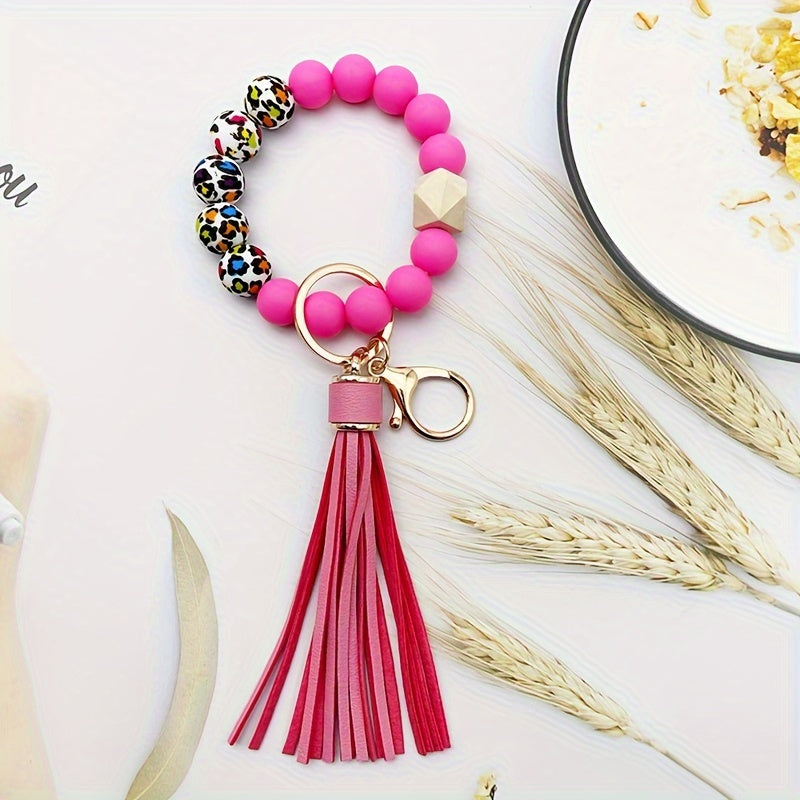 Festive Leopard Print Beaded Bracelet Keychain with Tassel - PU Leather and Silicone Material - Perfect for Halloween - Women's Fashion Accessory