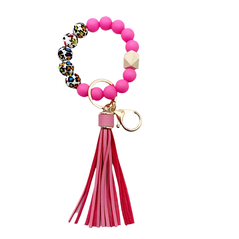 Festive Leopard Print Beaded Bracelet Keychain with Tassel - PU Leather and Silicone Material - Perfect for Halloween - Women's Fashion Accessory