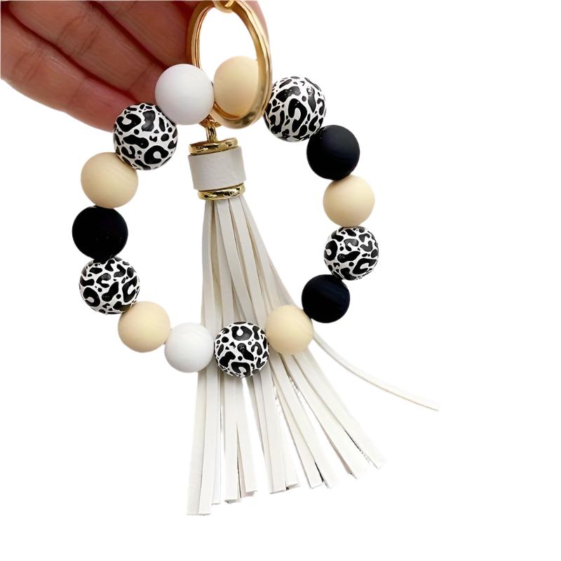 Leopard Silicone Wooden Beaded  Wristlet Keychain With PU Leather Tassel /Fashion Bangle Keychain Bag Charm Phone Lanyard Mother's Day Women Gift
