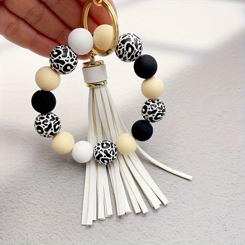 Leopard Silicone Wooden Beaded Wristlet Keychain With PU Leather Tassel Fashion Bangle Keychain Bag Charm Phone Lanyard Mother's Day Women Gift