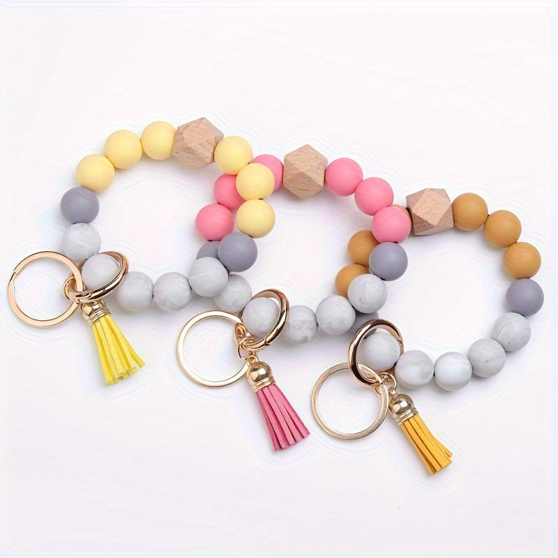1pc, Silicone Beaded Keychain For Women Bracelet Fashion Vintage Boho Car Keychain Leather Tassel Beaded Bracelet Key Ring Bag Pendant Halloween Thanksgiving Gift Party Small Gift For Men And Women The Same Style