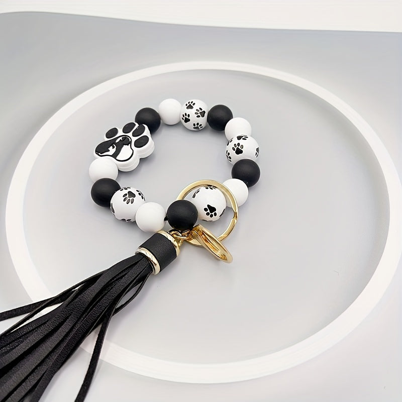 1pc Silicone Dog Footprint Keychain Color Block Beaded Bracelet Keyring Cute Wristlet Tassel Car Key Ring For Women daily use