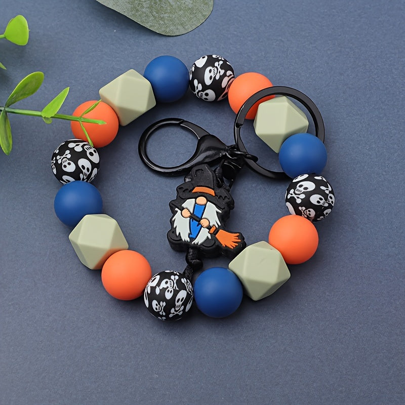 Halloween Witch Broom & Skull Silicone Beaded Keychain - Cartoon/Punk Style, Lobster Clasp, Fashionable Women's Accessory, Perfect Gift