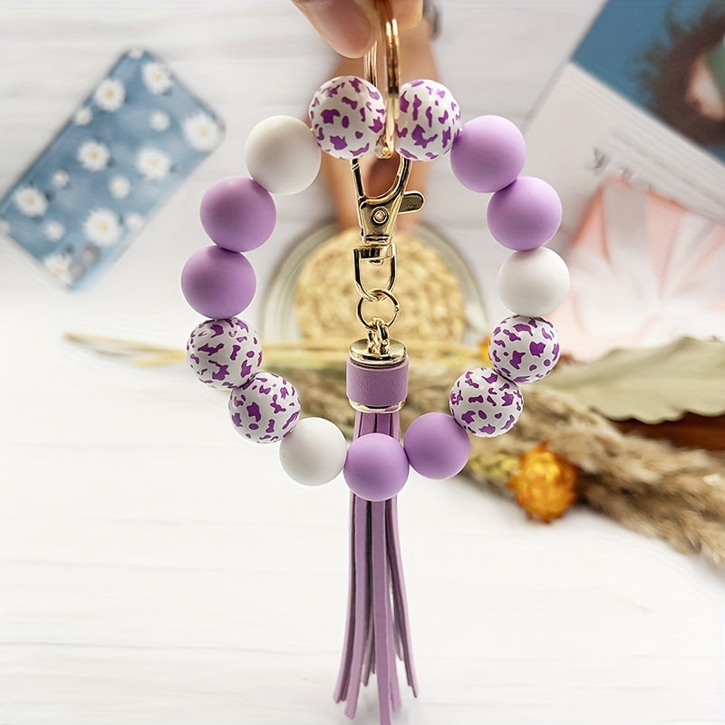 Cow Pattern Silicone Wooden Beaded Wristlet Keychain With PU Leather Tassel Wester Fashion Bangle Keychain Bag Charm Phone Lanyard Mother's Day Gift