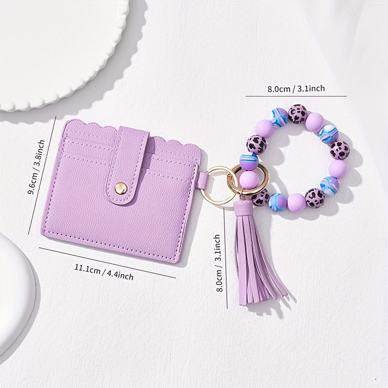 Leopard Silicone Wooden Beaded Wristlet Keychain With Wallet Credit Card Holder Bag Charm Phone Lanyard Bangle Keychain