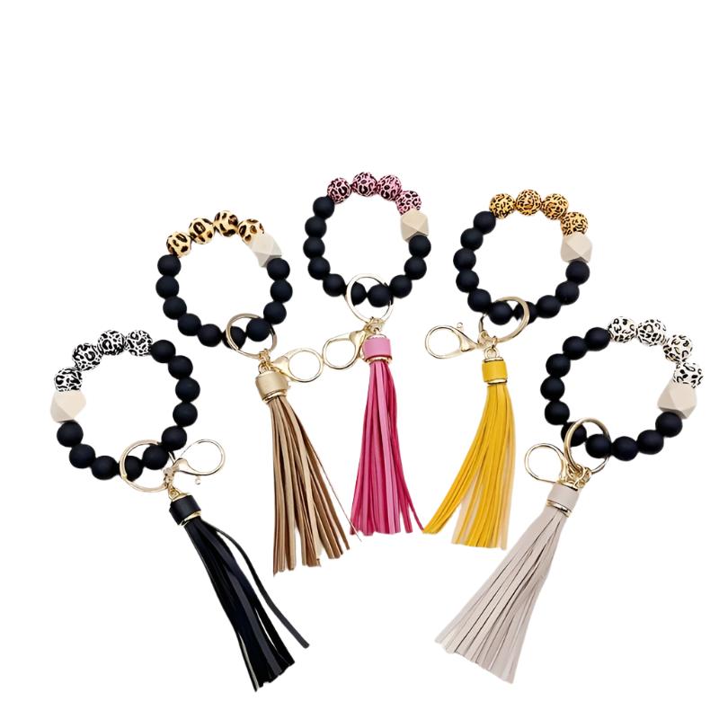 Hemasa Leopard Silicone Wooden Beaded Wristlet Keychain With PU Leather Tassel /Phone Lanyard Bangle Keychain