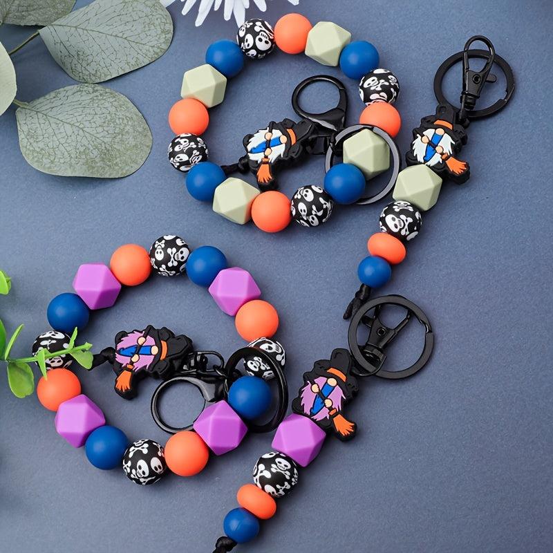 Halloween Witch Broom & Skull Silicone Beaded Keychain - Cartoon/Punk Style, Lobster Clasp, Fashionable Women's Accessory, Perfect Gift