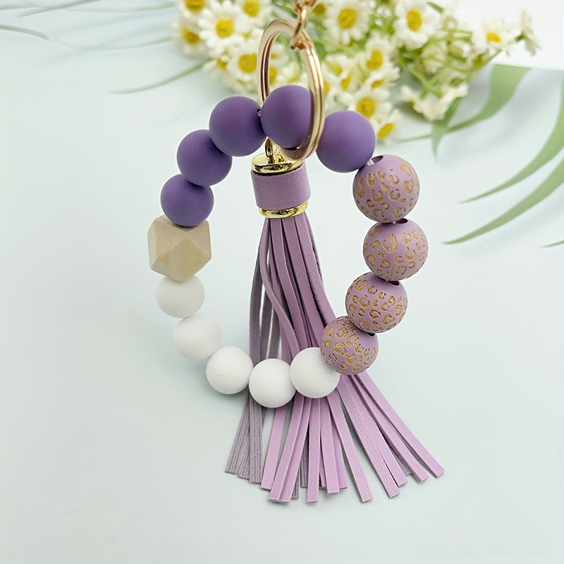 Leopard Silicone Beaded Bracelet Wristlet Keychain Fashion Bangle Key Chain Bag Charm Phone Lanyard Earbud Case Cover Accessories Women Female Gift