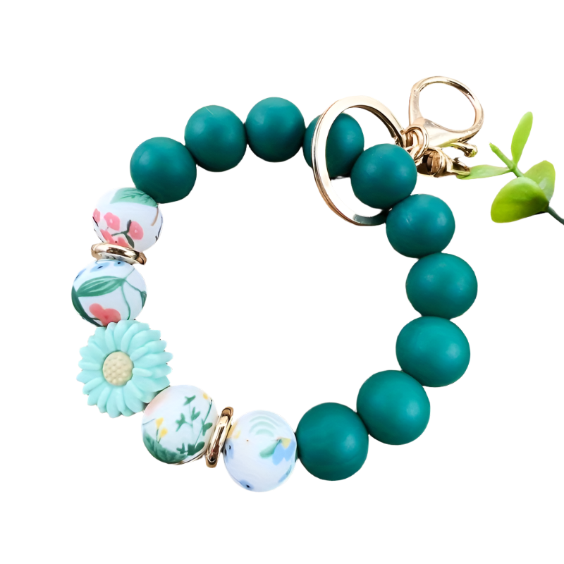 Hemasa Silicone Beaded Keychain with Floral and Daisy Prints  Key Ring with Lobster Clasp / Ladies Wristlet Key Holder for Mom & Teacher