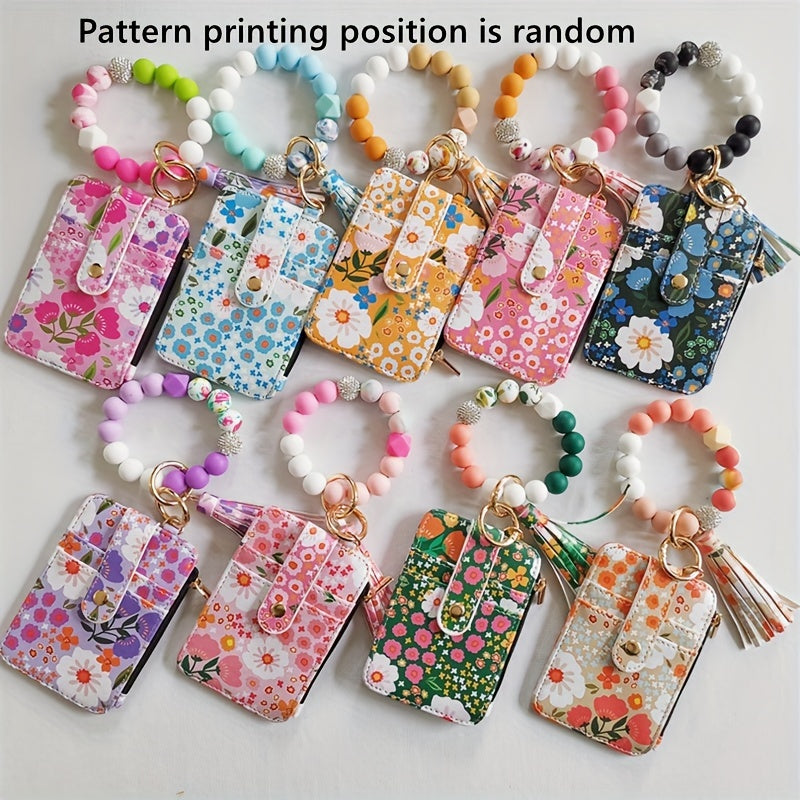 Hemasa Leather Key Chain, Floral Fringe Card Bag Anti-loss Key Chain Pendant