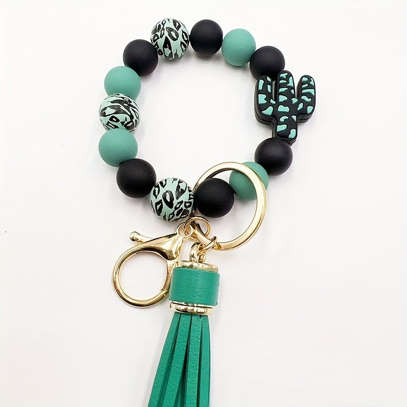 Chic Cactus-Themed Silicone Beaded Keychain with Tassel - Cartoon & Plant Design, Lobster Clasp Charm for Women, Cactus Decor