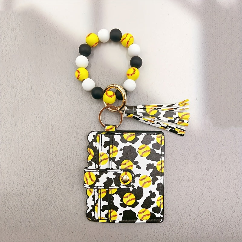 Sporty Chic Beaded Silicone Bracelet Keychain with Coin Purse - Faux Leather, Tassel Accent, Lobster Clasp - Perfect Gift for Women