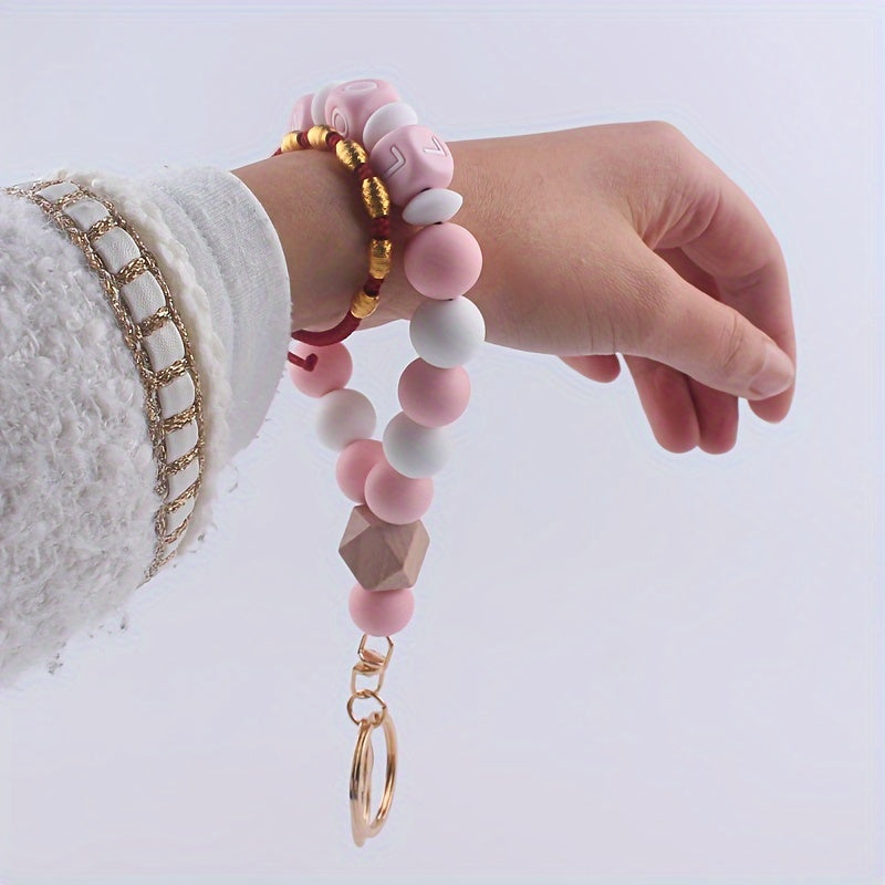 One Pack LOVE Macaron Colorful Keychain Wristband Keychain Elastic Beaded Portable Wristband Bracelet Keychain Car Keychain