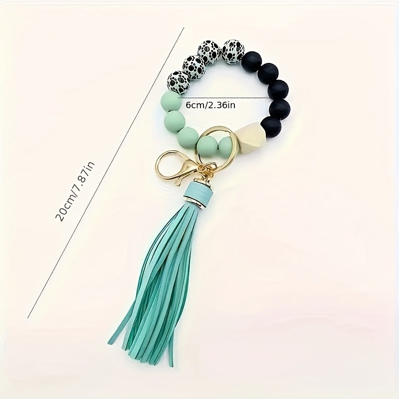 Creative Silicone Beads Tassel Dog Footprint Wooden Beads Wrist Keychain Bag Pendant Key Ring