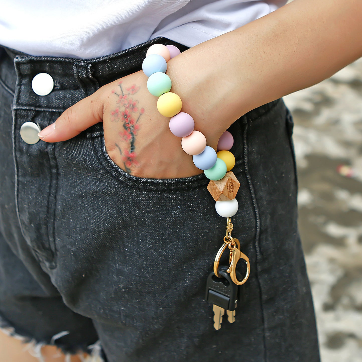 Rainbow Silicone Beads Wrist Bracelet Keychain Bag Key Ring Pendant Accessories
