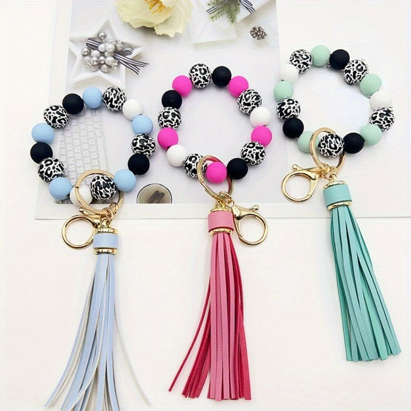 1pc Acrylic Beaded Keychain Bracelet Wristlet Color Block Bangle Key Chain Bag Backpack Charm Phone Earbud Case Cover Accessories Women Female Gift