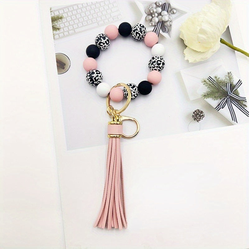 1pc Acrylic Beaded Keychain Bracelet Wristlet Color Block Bangle Key Chain Bag Backpack Charm Phone Earbud Case Cover Accessories Women Female Gift