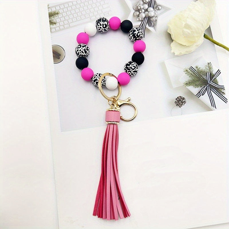 1pc Acrylic Beaded Keychain Bracelet Wristlet Color Block Bangle Key Chain Bag Backpack Charm Phone Earbud Case Cover Accessories Women Female Gift