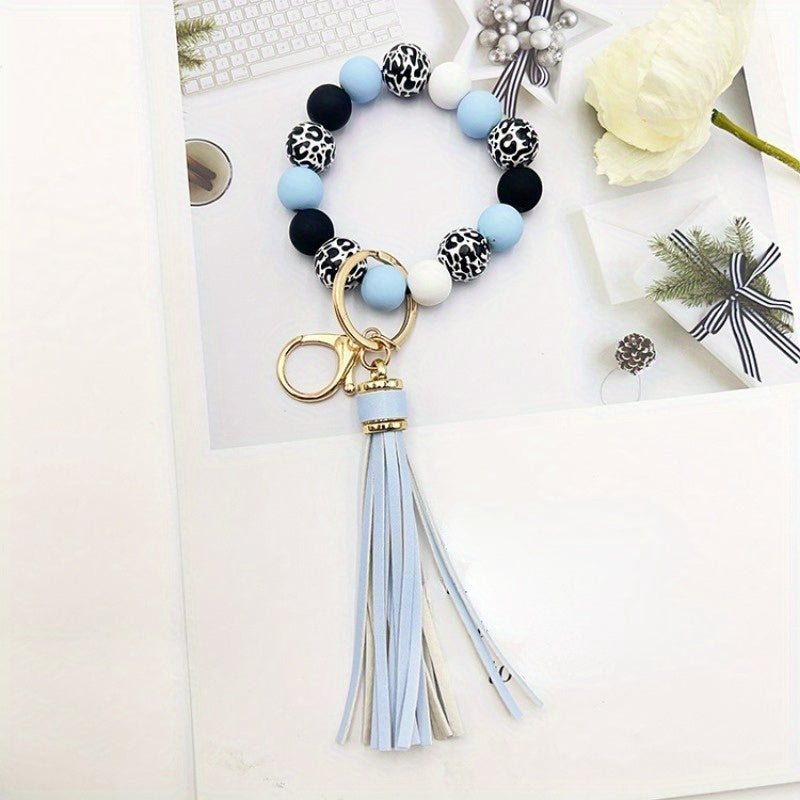 1pc Acrylic Beaded Keychain Bracelet Wristlet Color Block Bangle Key Chain Bag Backpack Charm Phone Earbud Case Cover Accessories Women Female Gift