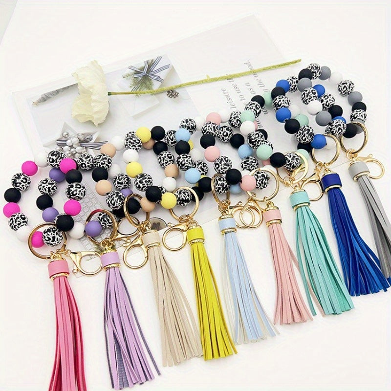 1pc Acrylic Beaded Keychain Bracelet Wristlet Color Block Bangle Key Chain Bag Backpack Charm Phone Earbud Case Cover Accessories Women Female Gift