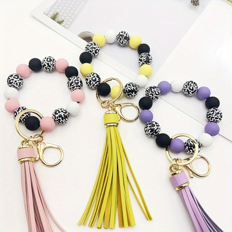 1pc Acrylic Beaded Keychain Bracelet Wristlet Color Block Bangle Key Chain Bag Backpack Charm Phone Earbud Case Cover Accessories Women Female Gift