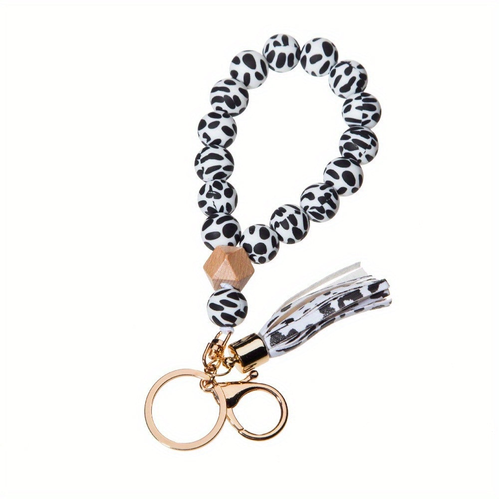 Hemasa 2pcs All White And All Yellow Leopard Patterned Silicone Bead Wristband ,Keyring