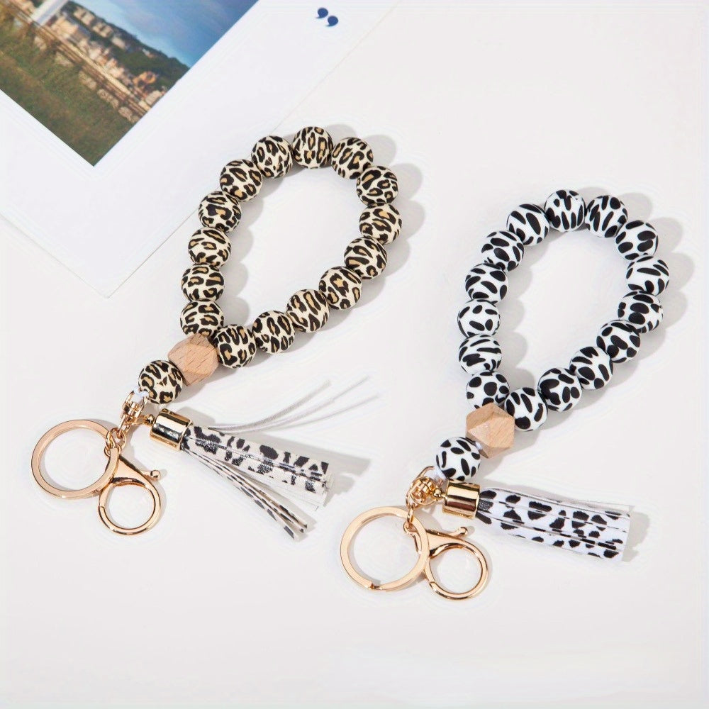 Hemasa 2pcs All White And All Yellow Leopard Patterned Silicone Bead Wristband ,Keyring
