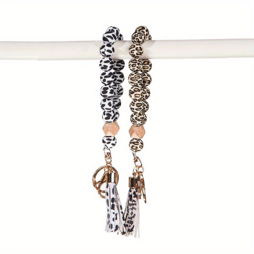 Hemasa 2pcs All White And All Yellow Leopard Patterned Silicone Bead Wristband ,Keyring