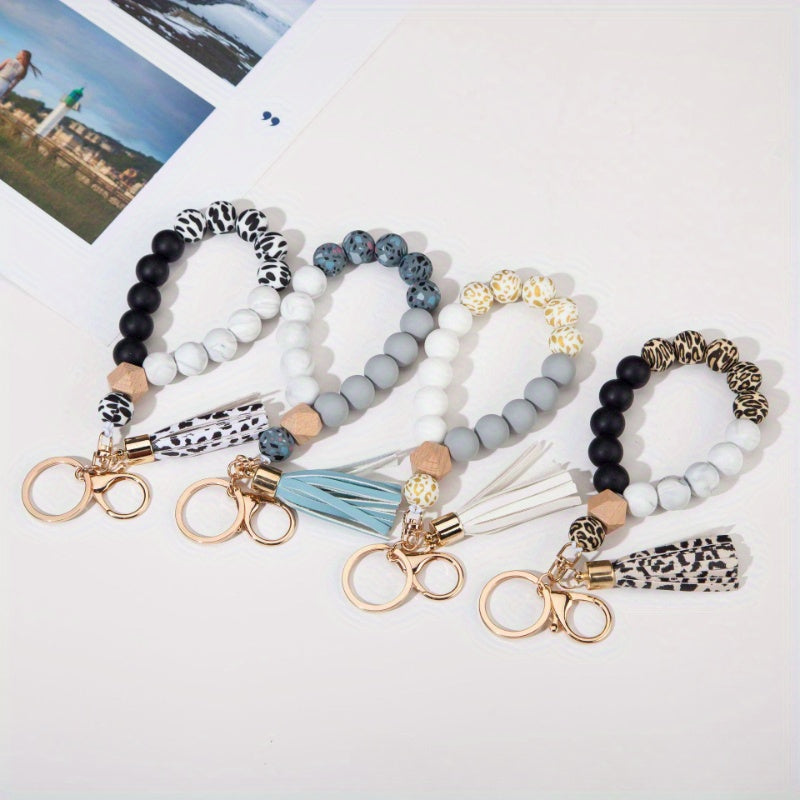 Universal Silicone Bead Wrist Keychain with Wood Accents and Camouflage Bracelet - Customizable C Hook Closure Key Ring for Everyday Use