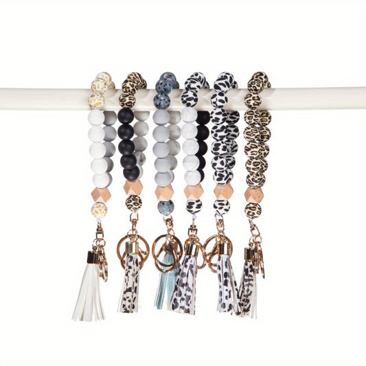 Universal Silicone Bead Wrist Keychain with Wood Accents and Camouflage Bracelet - Customizable C Hook Closure Key Ring for Everyday Use