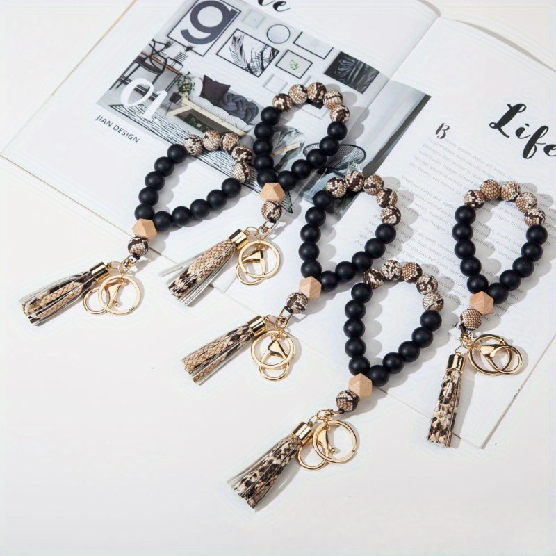 Universal Silicone Bead Wrist Keychain with Wood Accents and Camouflage Bracelet - Customizable C Hook Closure Key Ring for Everyday Use