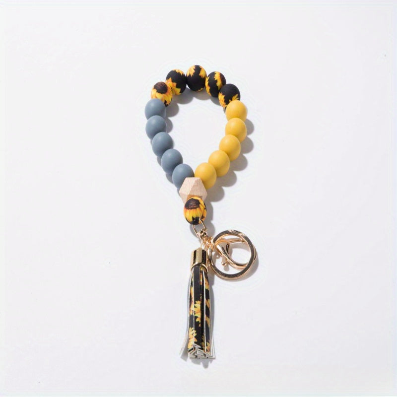 Universal Silicone Bead Wrist Keychain with Wood Accents and Camouflage Bracelet - Customizable C Hook Closure Key Ring for Everyday Use