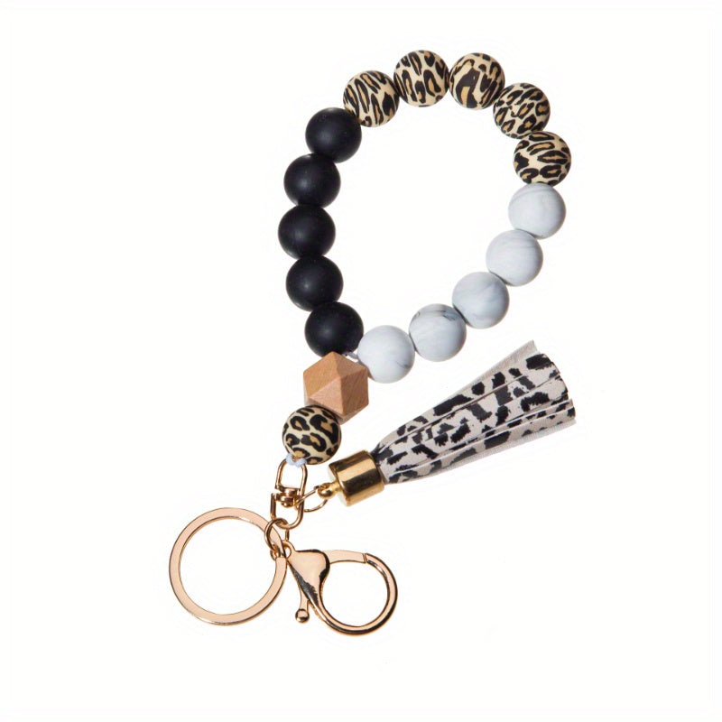 Universal Silicone Bead Wrist Keychain with Wood Accents and Camouflage Bracelet - Customizable C Hook Closure Key Ring for Everyday Use
