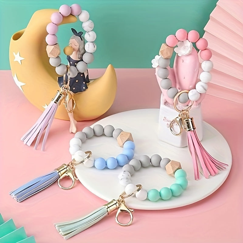 Hemasa Mother's Day Macaron Color Key Ring: Car Key Holder with Beaded Bangle, Tassel, and Elastic Design