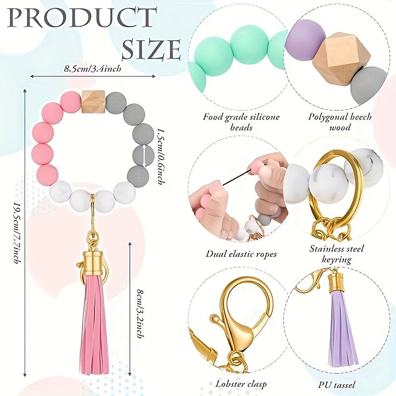 Hemasa Mother's Day Macaron Color Key Ring: Car Key Holder with Beaded Bangle, Tassel, and Elastic Design
