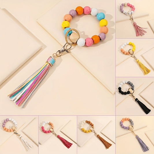 Anniversary Gift Ladies Key Ring - Elastic Wood Bead Bracelet Keychain with Tassel, Lobster Clasp - Fashionable Charm for Purse, Backpack, Car Keys - Unique Earbud Case Holder Accessory for Women Girls