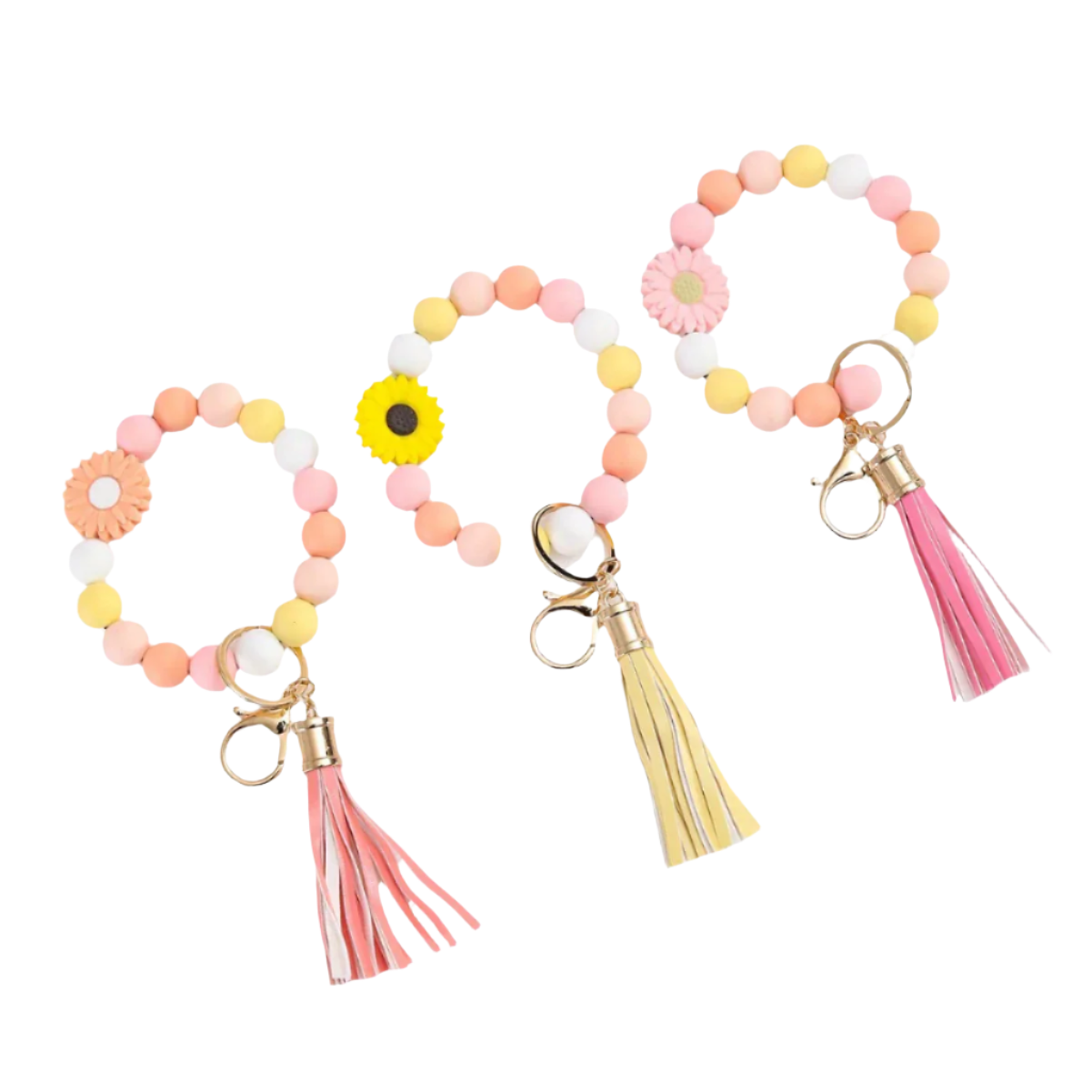 Hemasa 3Pcs Silicone Bead Keychain Set  / Round Beaded Wristlet Key Rings with Lobster Clasp