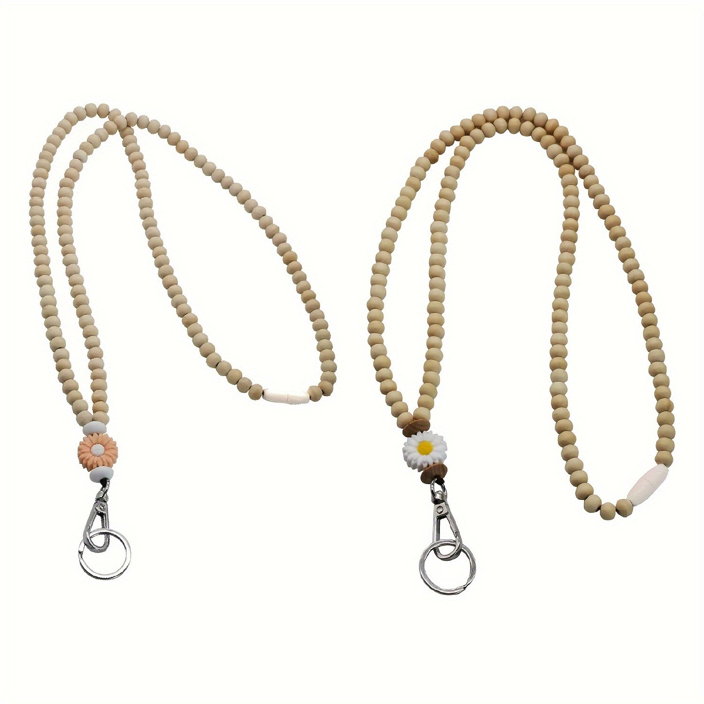 Hemasa  Wooden Beaded Lanyard with Flower Charm for ID Badges, Keychains - Bohemian Style Necklace for Teachers, Nurses, Students, Staff