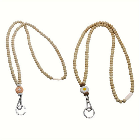 Hemasa  Wooden Beaded Lanyard with Flower Charm for ID Badges, Keychains - Bohemian Style Necklace for Teachers, Nurses, Students, Staff